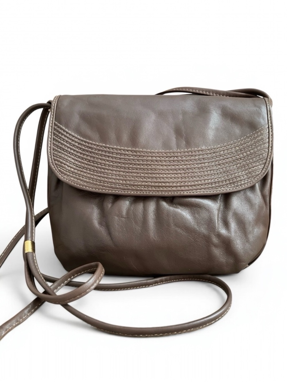 Italian Vintage Soft Brown Genuine Leather Pleated Flap Crossbody Bag